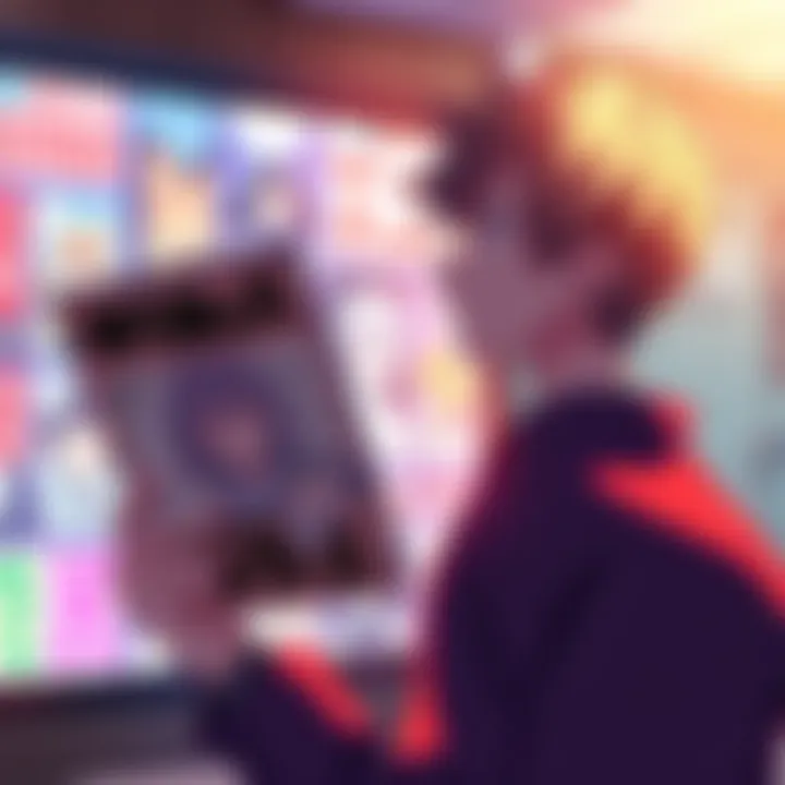 A person holding a manga book in one hand and looking at an anime scene on a screen with a thoughtful expression.