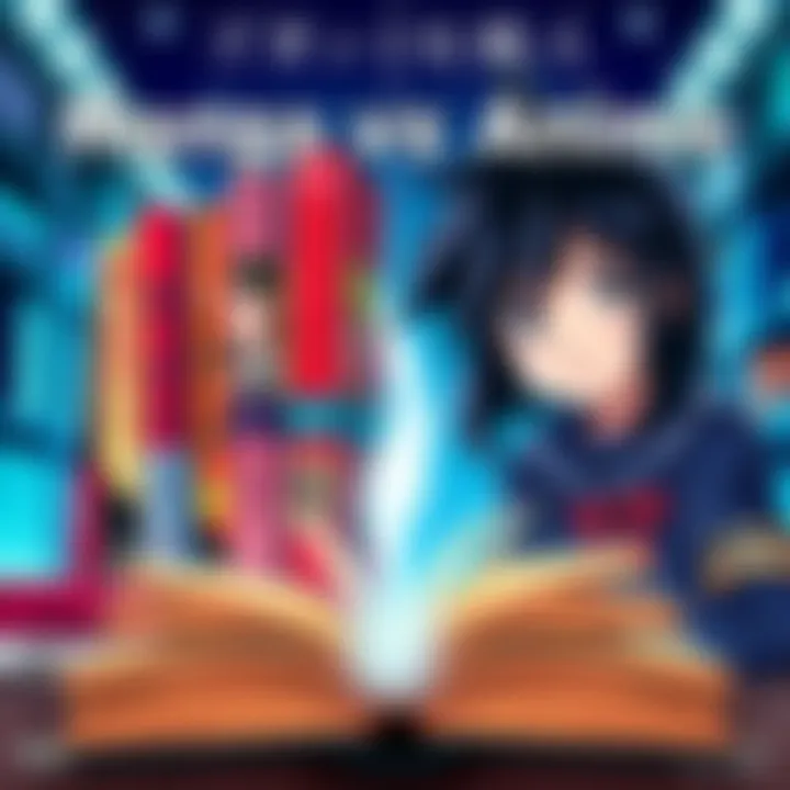 An illustration showing a split image of manga books on one side and anime characters on the other, highlighting the debate between reading manga and watching anime.