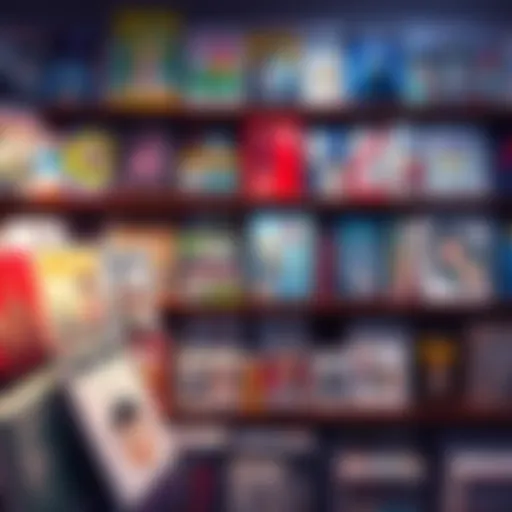 A colorful display of various manga and artbooks arranged on shelves, showcasing different artistic styles and covers.