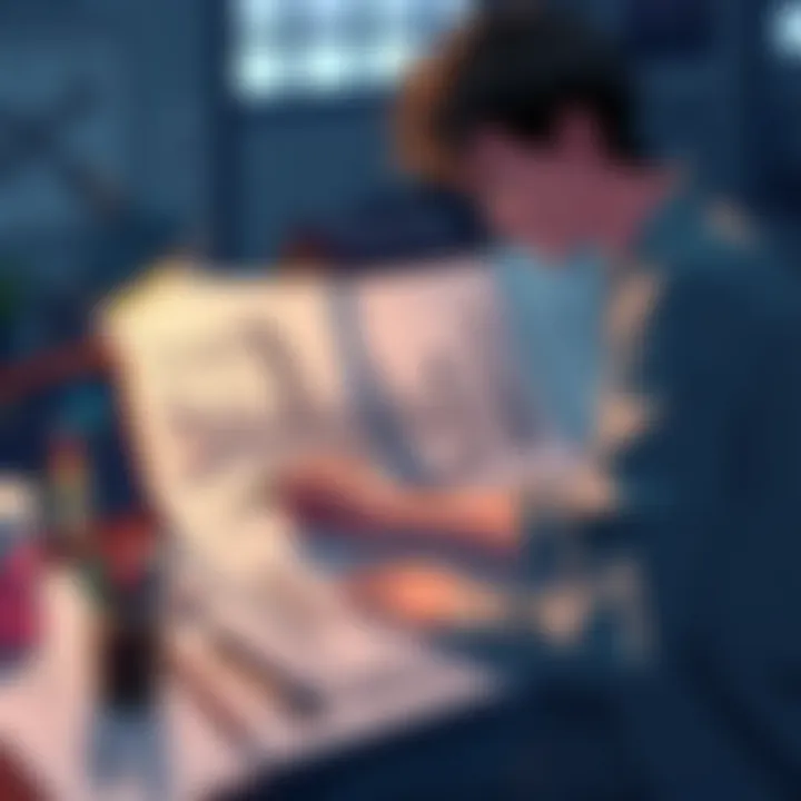 An artist working on a double-page spread in manga, focusing on a 5 point perspective with sketches and tools around them.
