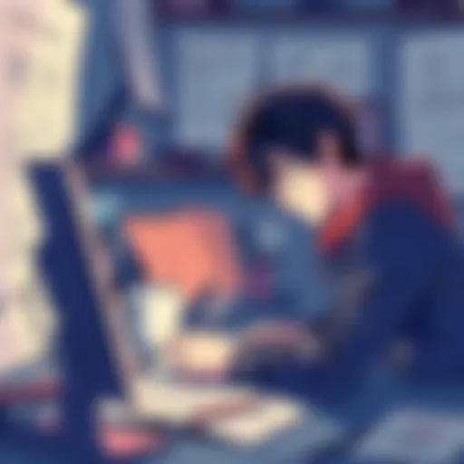 A manga artist intensely focused on redrawing a chapter, surrounded by sketches and notes