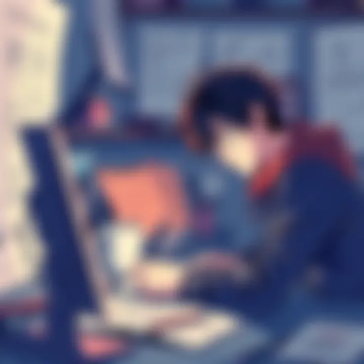 A manga artist intensely focused on redrawing a chapter, surrounded by sketches and notes