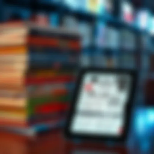 A stack of colorful manga books next to a digital tablet displaying manga pages, symbolizing the choice between physical and online reading.