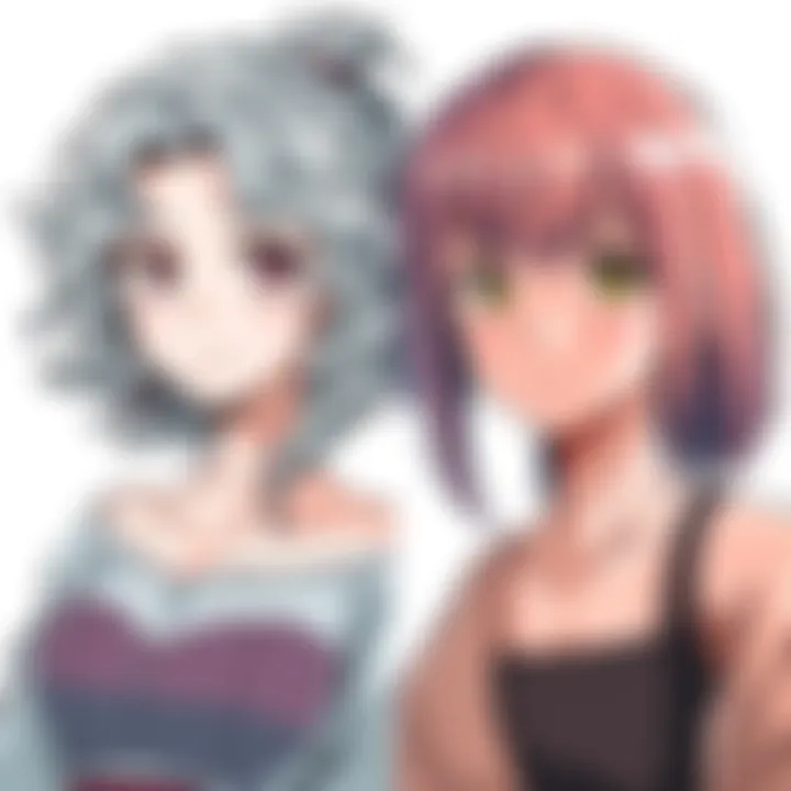 A side-by-side comparison of a manga character's early feminine design with curly hair and her final androgynous look with straight hair.