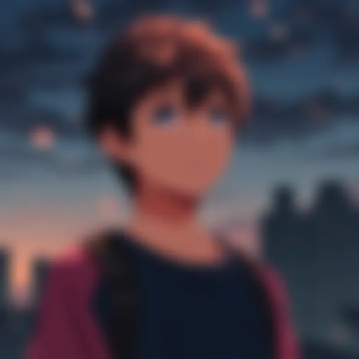 A manga character stands alone, looking contemplative, symbolizing childhood trauma and personal struggles. The character's features express deep emotion as they gaze into the distance, evoking themes...