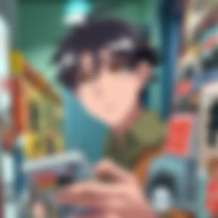 A character looking at various manga volumes on a shelf, appearing puzzled while trying to find older editions after the Mashiba fight.