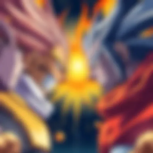 Illustration of iconic manga characters facing off in a dramatic 1v1 showdown, showcasing their unique abilities and intense expressions