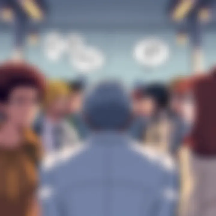 Manga characters gathered together, expressing their worries about character growth and plot quality in a crowded storyline.