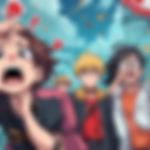 Artwork showing manga characters with frustrated expressions in a chaotic setting, reflecting their struggles and disappointments.