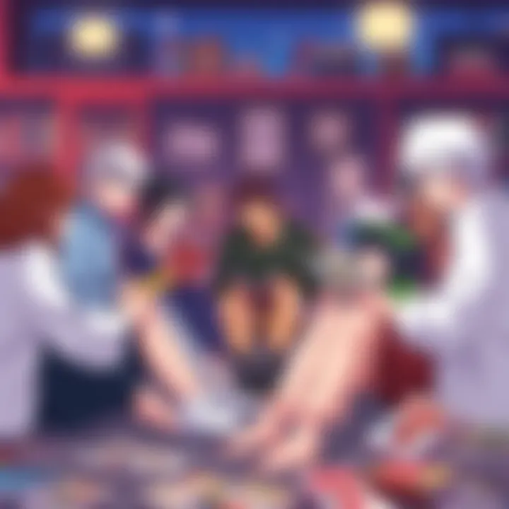 Manga Characters Reading Together A group of diverse manga characters sitting in a circle, sharing stories and discussing their favorite manga. The atmosphere is lively and engaging, with manga books scattered around them.