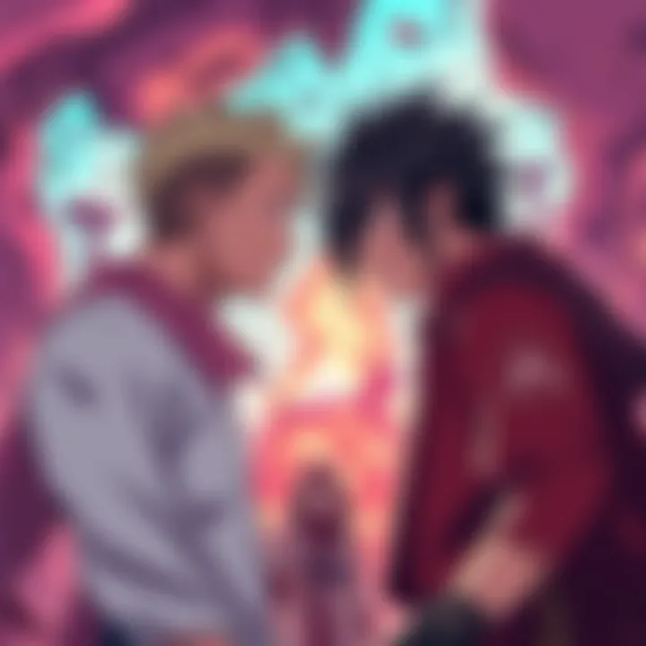 Two manga characters face each other, ready for a quick fight amidst a backdrop of chaos and destruction