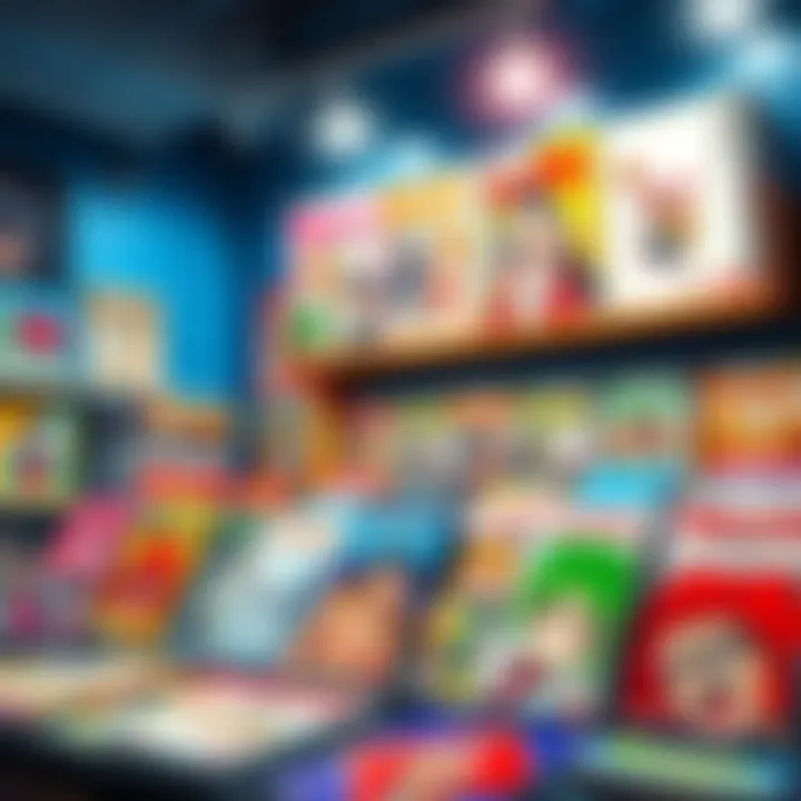 A vibrant display of selected manga volumes showcasing colorful covers and popular characters, inviting readers to explore them.