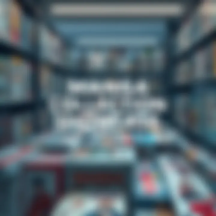 A colorful display of various manga books showcasing different art styles and characters in a library setting.