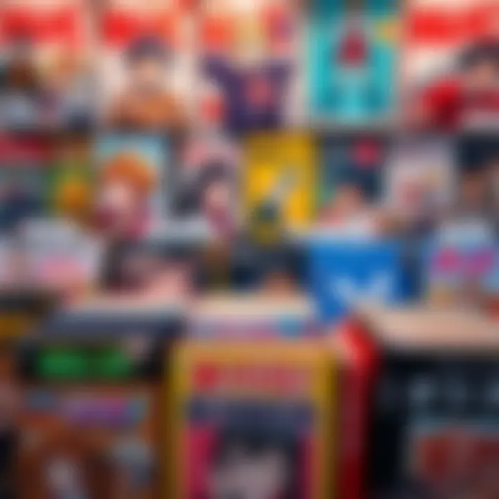 A vibrant display of manga books with colorful covers, appealing to young adult readers, showcasing different genres and stories.