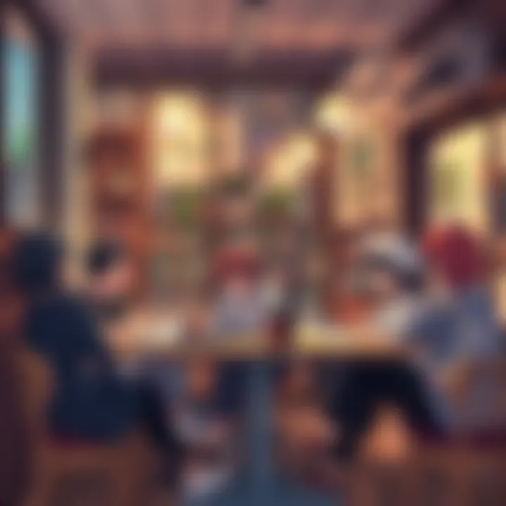 A group of manga fans sitting together, discussing their favorite stories and sharing ideas in a cozy café setting.