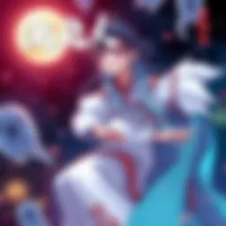 A young ghost girl floating in a mystical setting, dressed in traditional attire, surrounded by elements representing her storyline and character growth.