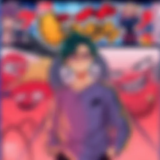 Manga Creator Seeking Feedback A manga creator stands in front of a colorful backdrop showcasing characters with humor and action elements, inviting feedback from fans.