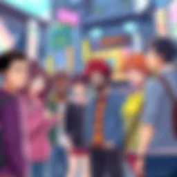 A colorful illustration of diverse manga characters, including LGBT representations, engaging in a lively conversation in a vibrant city setting.