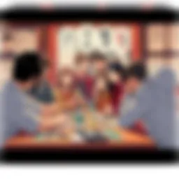A group of manga fans gathered around a table, expressing their thoughts on the current saga and its pacing issues, with manga panels and art visible on the table.