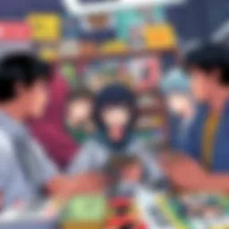 Fans discussing manga reactions A group of manga fans talking animatedly about the Shibuya incident, surrounded by manga books and art, showing different facial expressions.