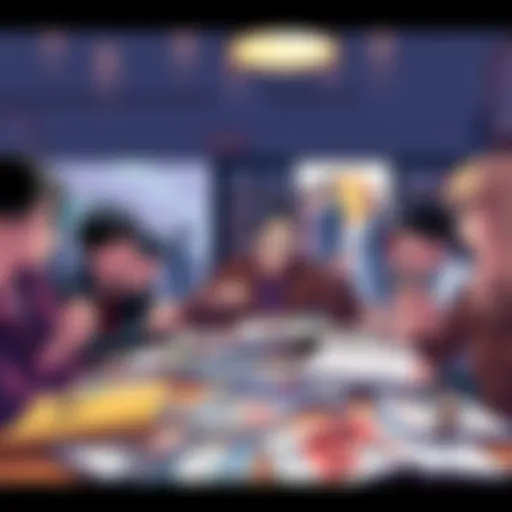 A group of fans passionately discussing manga at a table with various manga volumes spread out