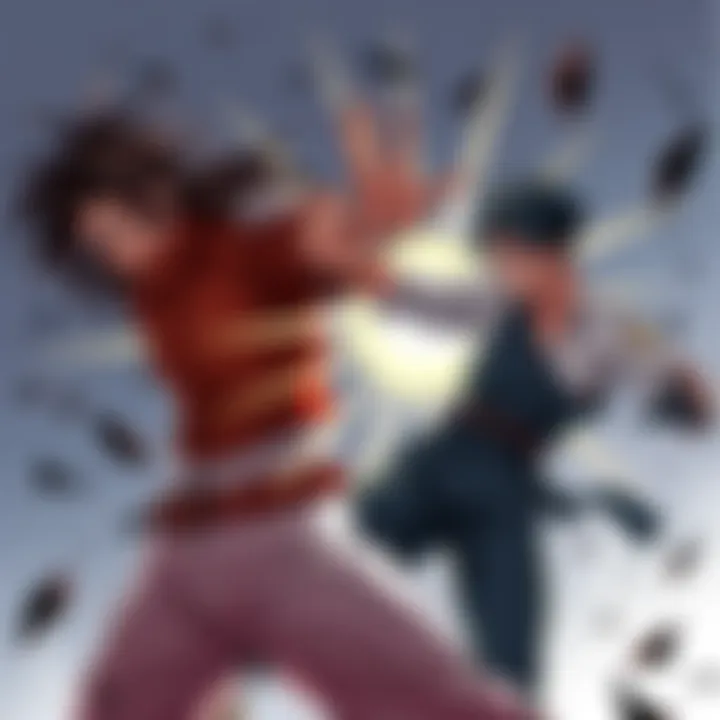 Two manga characters engage in an intense fight scene with dynamic poses and bold action lines