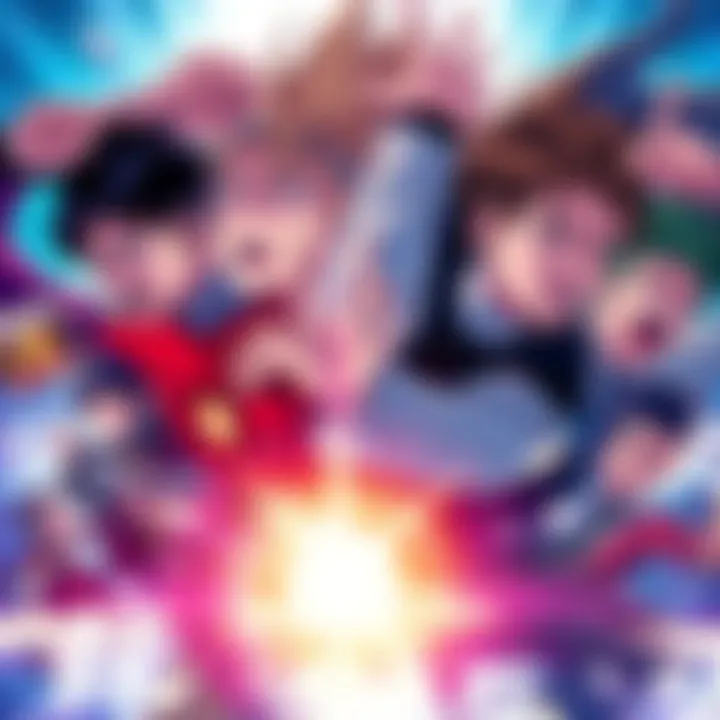 An illustration showing multiple manga characters in dynamic poses, expressing tension and emotion, hinting at complex storylines ahead.