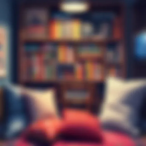 A colorful display of manga books and art books with cozy pillows surrounding them.