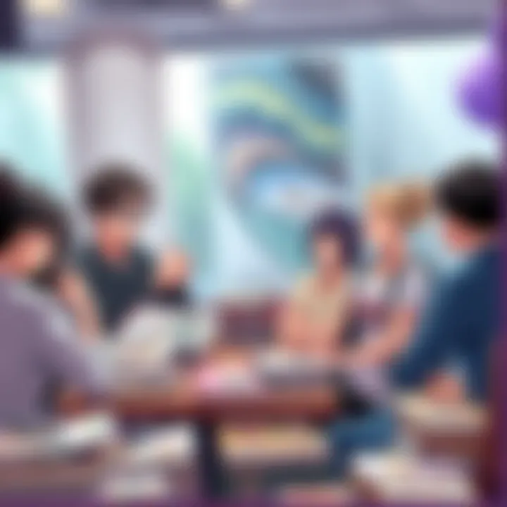 Fans discussing the latest manga arc with varied art quality, focusing on engagement and recommendations, surrounded by manga books and art tools.