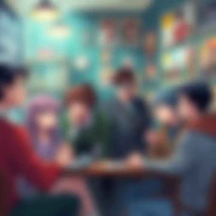 A group of people sharing opinions about a manga series, some looking curious and others frustrated, while discussing in a cozy setting filled with manga art and posters.