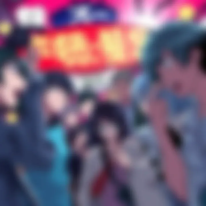 A dramatic scene showing manga characters reacting to a surprising plot twist, with visual hints of foreshadowing elements, set against a vivid background