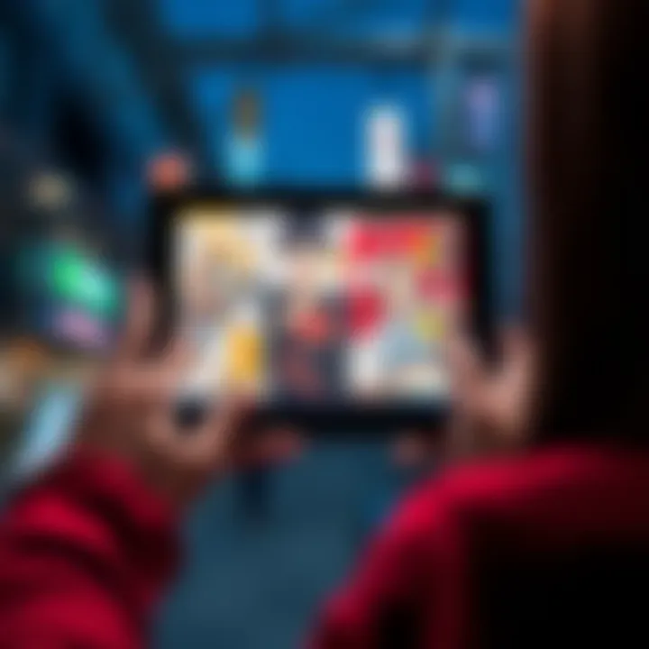 A person using a tablet to read manga on Manga Plus, with vibrant manga panels displayed on the screen, symbolizing accessibility anywhere.