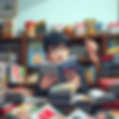 Manga reader excitedly flipping through chapters A person eagerly reads manga chapters on a tablet, surrounded by manga volumes and snacks, showing their enthusiasm for the latest releases.