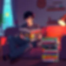 Manga Reader Transitioning from Anime A person sitting on a couch, reading manga with a stack of anime DVDs beside them, looking thoughtful.