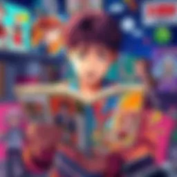 A person reading a colorful manga book, surrounded by vibrant illustrations and characters from the story, showcasing the joy of manga culture.