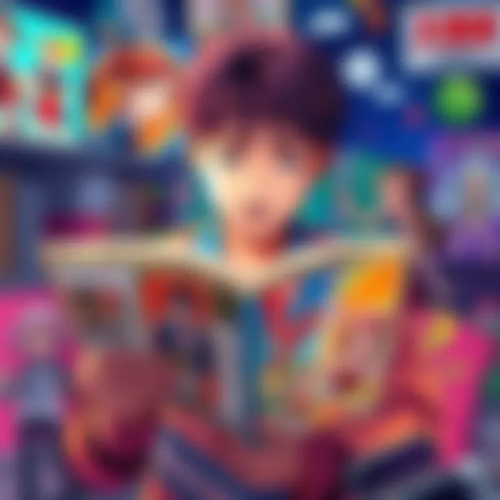 Manga Reading Experience A person reading a colorful manga book, surrounded by vibrant illustrations and characters from the story, showcasing the joy of manga culture.