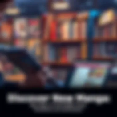 Individual browsing manga books with a laptop showing forum discussions