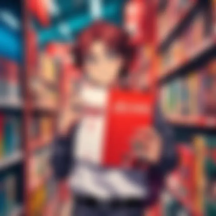 Manga Shopping Surprise A person holding a Bleach volume 1 book with a smile, standing in a manga store aisle after discovering Demon Slayer is sold out.