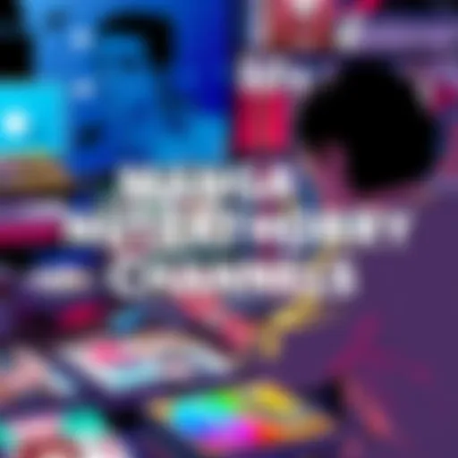 A person browsing manga theory channels on a laptop, surrounded by manga volumes, looking for spoiler-free content.