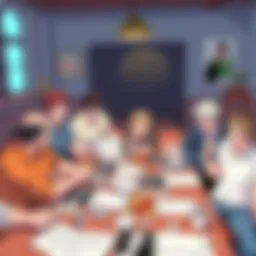 A group of people discussing the timeline of the first 16 chapters of a manga, with panels and illustrations scattered on a table, highlighting key events and characters from the golden arc.
