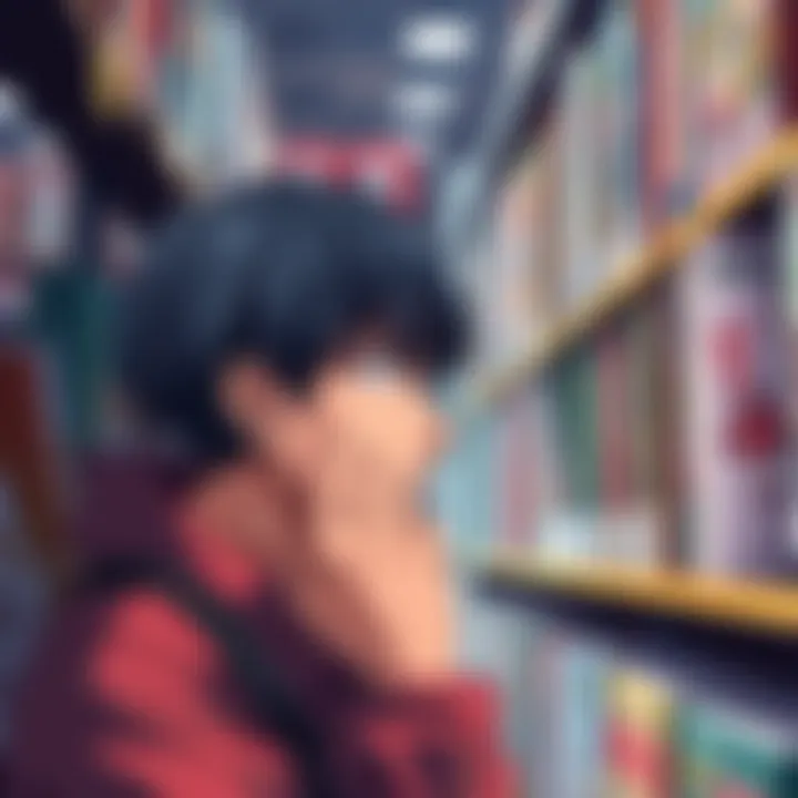 Manga Title Search A person looking at manga books on a shelf, seeking a specific title with a thoughtful expression.