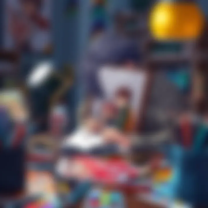 An artist sketches a manga character while surrounded by anime storyboards and colorful art supplies.