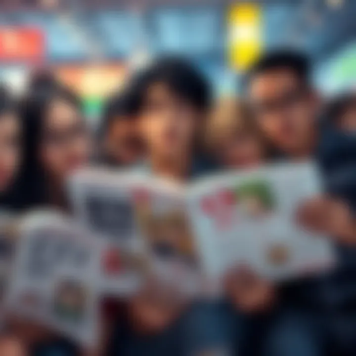 A group of manga fans looking upset while reading colored manga, showing their disappointment over poor translations.