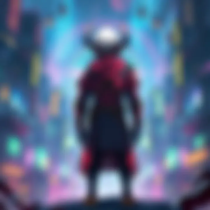 A character from Manticore standing in an artistic cityscape filled with futuristic elements and vibrant colors.