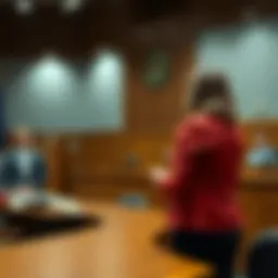 A woman named Maria standing at a witness stand in a courtroom, giving her testimony while a judge and lawyers listen intently.