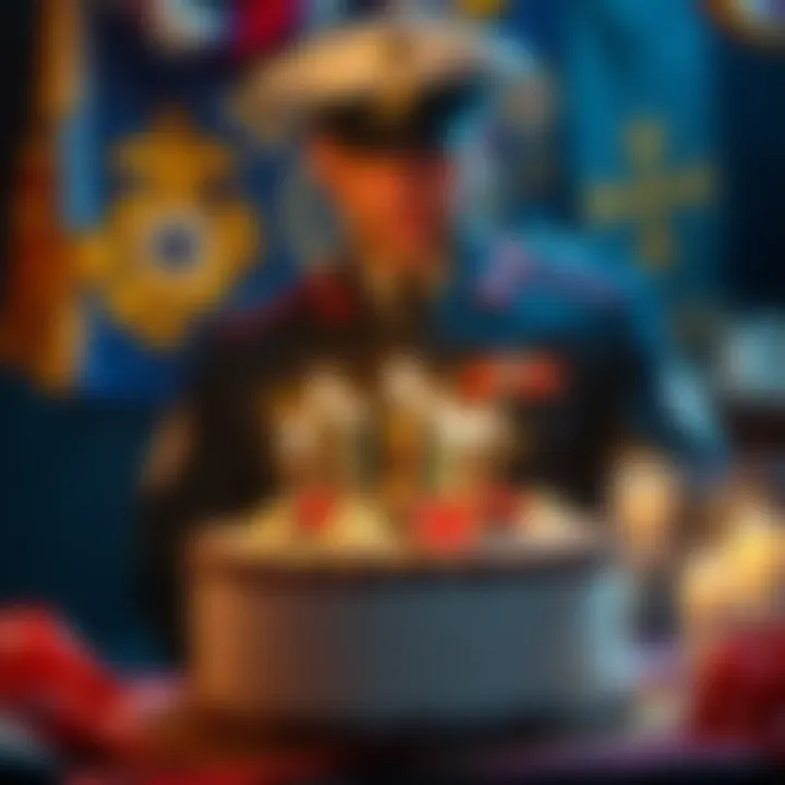 A birthday celebration with a cake and candles, honoring a marine with military medals and decorations in the background.