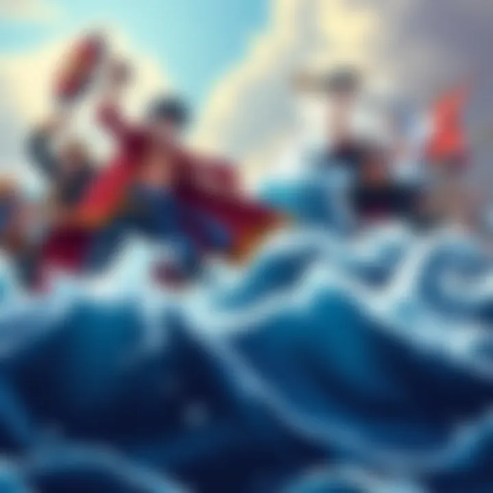 A dramatic scene from the Marineford war in One Piece with characters in battle pose and ocean waves in the background