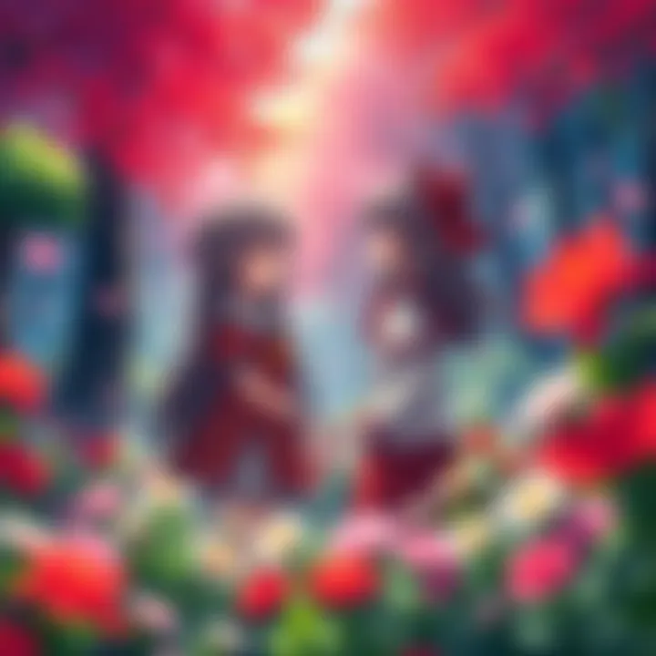 Marisa and Reimu stand together in a vibrant forest, sharing a moment of surprise and excitement as they encounter each other, surrounded by colorful flowers and trees.