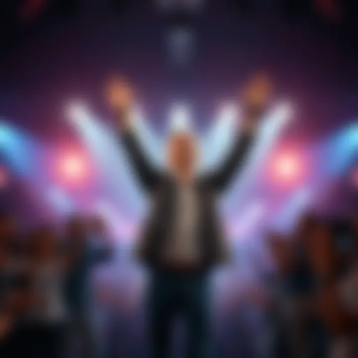 Actor Mark Harelik stands on stage with arms raised, receiving applause from an appreciative audience.