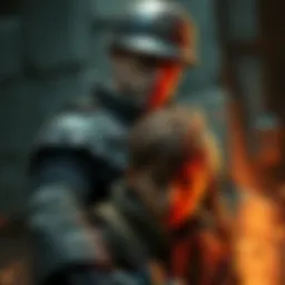 A Marleyan soldier in uniform stands over a young Grisha Yeager, creating a tense moment in a grim setting. The soldier's expression is stern, while Grisha looks fearful and defiant.